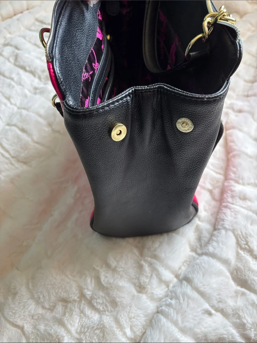 Betsey Johnson Black & Hot Pink Floral Appliqué Satchel